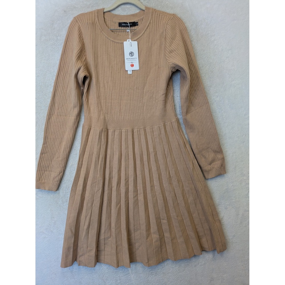 NEW MEROKEETY Sweater Dress Women's Large Tan Pleated Ribbed Long Sleeve Knee